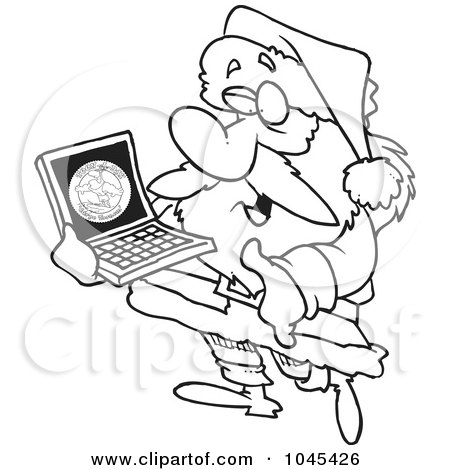 Royalty-Free (RF) Clip Art Illustration of a Cartoon Black And White Outline Design Of Santa Carrying A Laptop by toonaday
