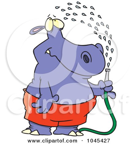 Royalty-Free (RF) Clip Art Illustration of a Cartoon Hippo Spraying Himself With A Hose by toonaday