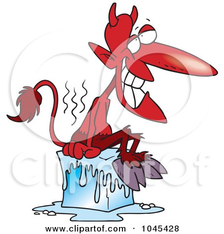 Royalty-Free (RF) Clip Art Illustration of a Cartoon Devil Cooling Off On A Block Of Ice by toonaday