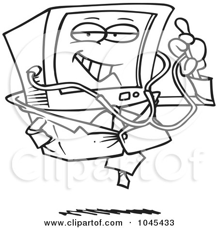 Royalty-Free (RF) Clip Art Illustration of a Cartoon Black And White Outline Design Of A Desktop Computer Doctor by toonaday
