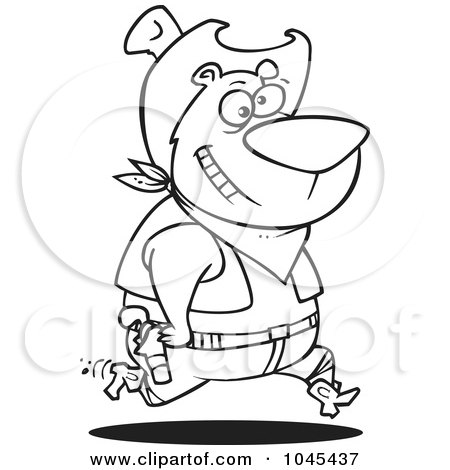 Royalty-Free (RF) Clip Art Illustration of a Cartoon Black And White Outline Design Of A Bear Cowboy by toonaday