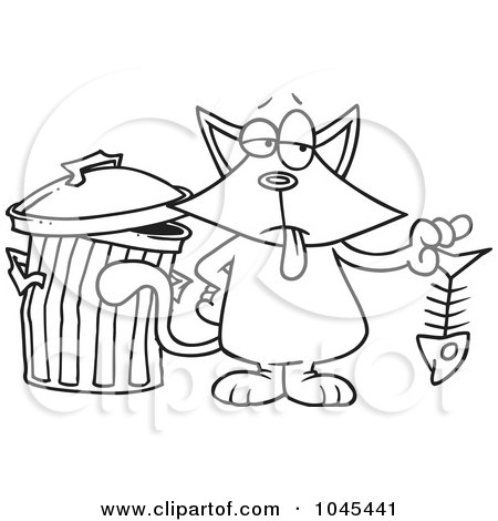 Royalty-Free (RF) Clip Art Illustration of a Cartoon Black And White Outline Design Of A Cat Holding A Fish Bone by toonaday
