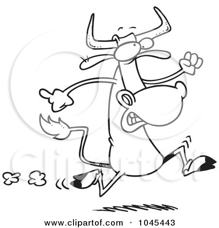 Royalty-Free (RF) Clip Art Illustration of a Cartoon Black And White Outline Design Of A Running Cow by toonaday