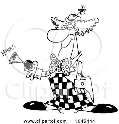 Royalty-Free (RF) Clip Art Illustration of a Cartoon Black And White Outline Design Of A Party Clown Honking A Horn by toonaday