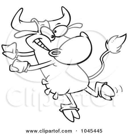 Royalty-Free (RF) Clip Art Illustration of a Cartoon Black And White Outline Design Of A Dancing Cow by toonaday
