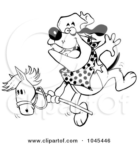 Royalty-Free (RF) Clip Art Illustration of a Cartoon Black And White Outline Design Of A Cowboy Bulldog Riding A Stick Pony by toonaday