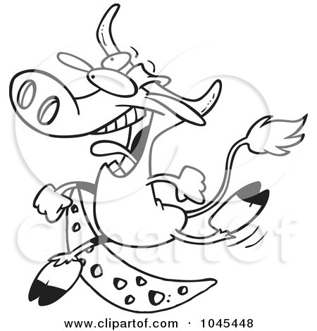 Royalty-Free (RF) Clip Art Illustration of a Cartoon Black And White Outline Design Of A Cow Jumping Over The Moon by toonaday