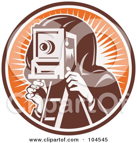 Royalty-Free (RF) Clipart Illustration of a Brown Box Camera And Photographer Logo by patrimonio