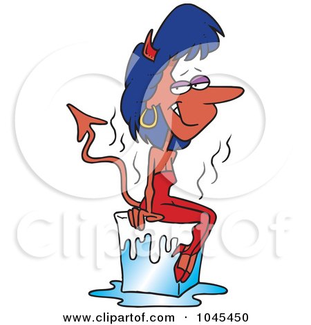 Royalty-Free (RF) Clip Art Illustration of a Cartoon She Devil Cooling Off On A Block Of Ice by toonaday