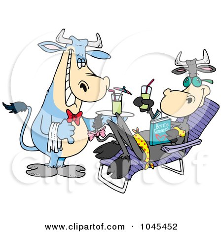 Royalty-Free (RF) Clip Art Illustration of a Cartoon Waiter Cow Serving A Female Cow A Beverage Poolside by toonaday