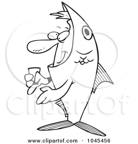 Royalty-Free (RF) Clip Art Illustration of a Cartoon Black And White Outline Design Of A Man In A Fish Costume by toonaday