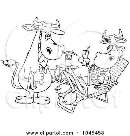 Royalty-Free (RF) Clip Art Illustration of a Cartoon Black And White Outline Design Of A Waiter Cow Serving A Female Cow A Beverage Poolside by toonaday