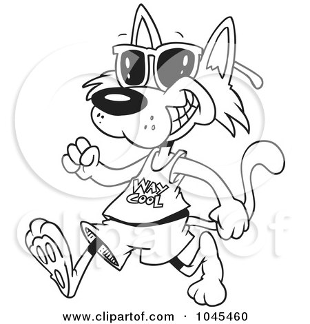 Royalty-Free (RF) Clip Art Illustration of a Cartoon Black And White Outline Design Of A Cat Walking And Wearing Sunglasses by toonaday