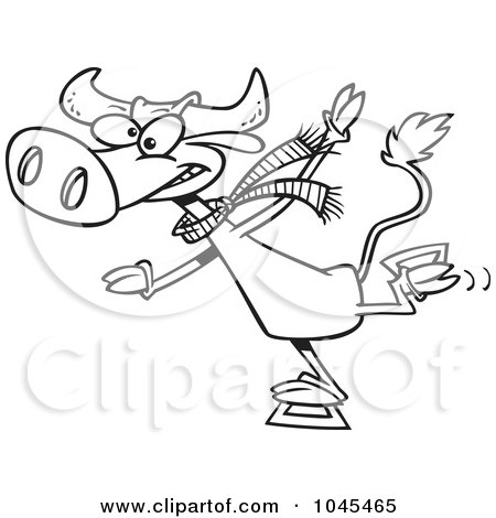 Royalty-Free (RF) Clip Art Illustration of a Cartoon Black And White Outline Design Of A Cow Ice Skating by toonaday
