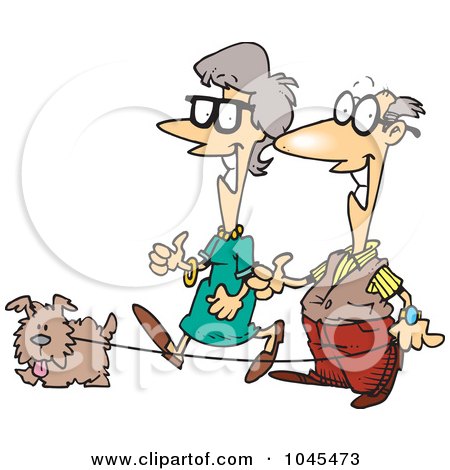 Royalty-Free (RF) Clip Art Illustration of a Cartoon Senior Couple Walking Their Dog by toonaday