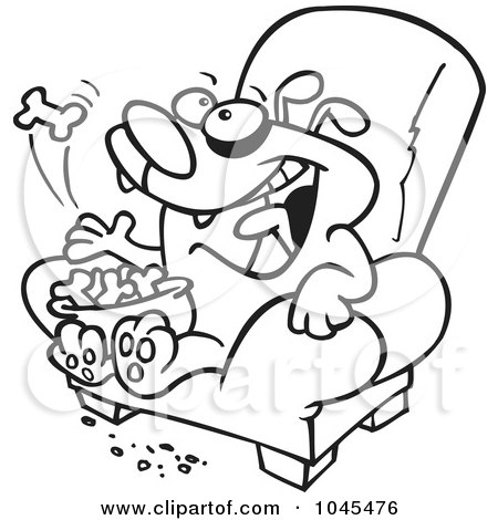 Royalty-Free (RF) Clip Art Illustration of a Cartoon Black And White Outline Design Of A Lazy Dog Eating Biscuits On A Chair by toonaday
