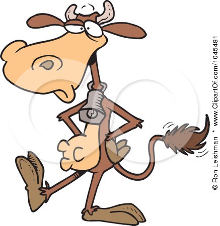 Royalty-Free (RF) Clip Art Illustration of a Cartoon Cow Wearing A Bell And Walking Upright by toonaday