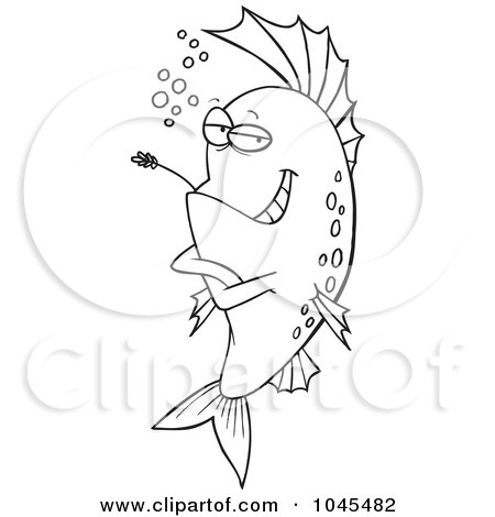 Royalty-Free (RF) Clip Art Illustration of a Cartoon Black And White Outline Design Of A Cool Fish Chewing On Straw by toonaday