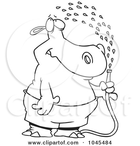 Royalty-Free (RF) Clip Art Illustration of a Cartoon Black And White Outline Design Of A Hippo Spraying Himself With A Hose by toonaday