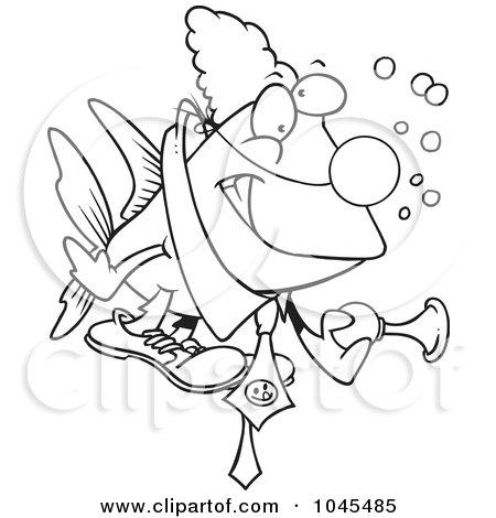 Royalty-Free (RF) Clip Art Illustration of a Cartoon Black And White Outline Design Of A Clown Fish Holding A Horn by toonaday