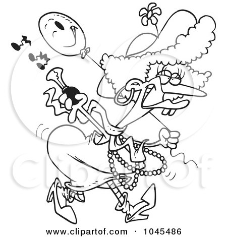 Royalty-Free (RF) Clip Art Illustration of a Cartoon Black And White Outline Design Of A Female Clown With A Horn by toonaday