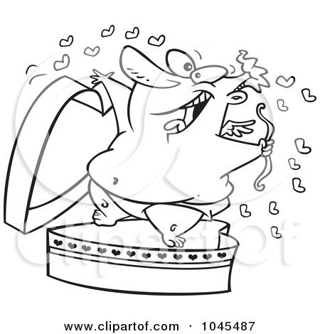 Royalty-Free (RF) Clip Art Illustration of a Cartoon Black And White Outline Design Of A Surprise Cupid by toonaday