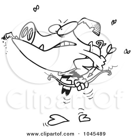 Royalty-Free (RF) Clip Art Illustration of a Cartoon Black And White Outline Design Of A Cupid Pig Smoking A Cigar by toonaday