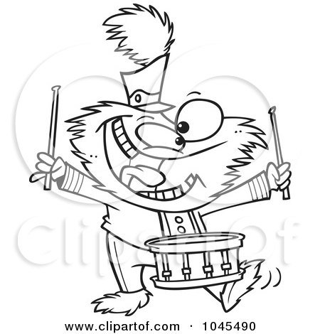 Royalty-Free (RF) Clip Art Illustration of a Cartoon Black And White Outline Design Of A Monster Banging A Drum by toonaday