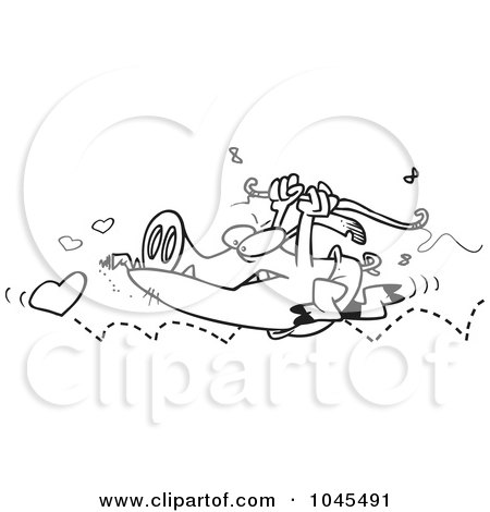 Royalty-Free (RF) Clip Art Illustration of a Cartoon Black And White Outline Design Of A Cupid Pig Chasing Hearts by toonaday