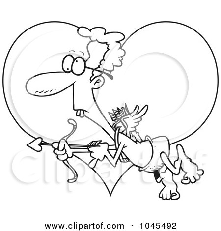 Royalty-Free (RF) Clip Art Illustration of a Cartoon Black And White Outline Design Of A Goofy Cupid Over A Heart by toonaday