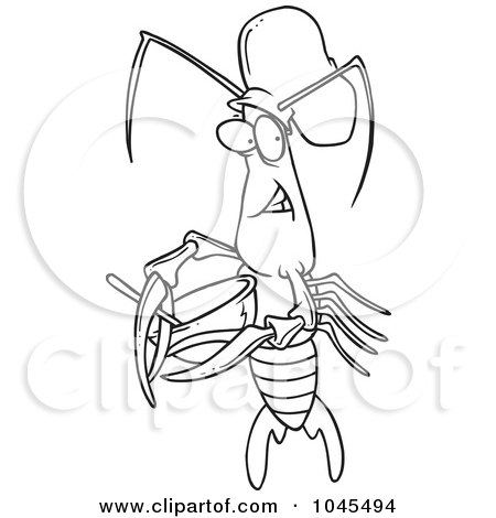 Royalty-Free (RF) Clip Art Illustration of a Cartoon Black And White Outline Design Of A Chef Crawdad Using A Mixing Bowl by toonaday