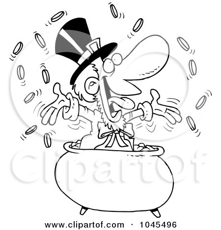 Royalty-Free (RF) Clip Art Illustration of a Cartoon Black And White Outline Design Of A Leprechaun Celebrating In His Pot Of Gold by toonaday