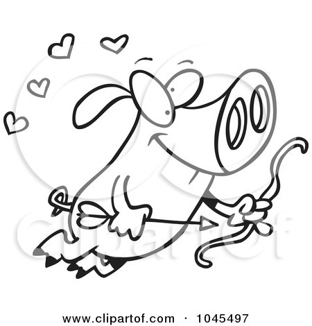 Royalty-Free (RF) Clip Art Illustration of a Cartoon Black And White Outline Design Of A Flying Cupid Pig by toonaday