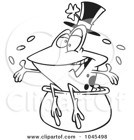 Royalty-Free (RF) Clip Art Illustration of a Cartoon Black And White Outline Design Of A St Patricks Day Frog On A Pot Of Gold by toonaday