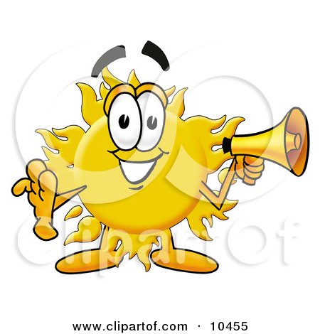Clipart Picture of a Sun Mascot Cartoon Character Holding a Megaphone by Mascot Junction