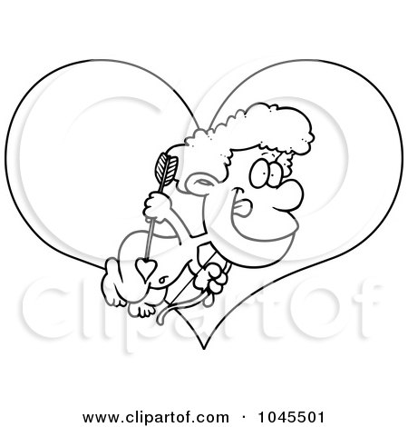 Royalty-Free (RF) Clip Art Illustration of a Cartoon Black And White Outline Design Of A Cupid Boy Over A Heart by toonaday
