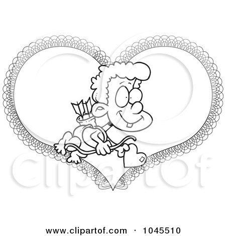 Royalty-Free (RF) Clip Art Illustration of a Cartoon Black And White Outline Design Of Cupid Boy Over A Heart by toonaday