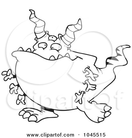 Royalty-Free (RF) Clip Art Illustration of a Cartoon Black And White Outline Design Of A Horned Monster by toonaday