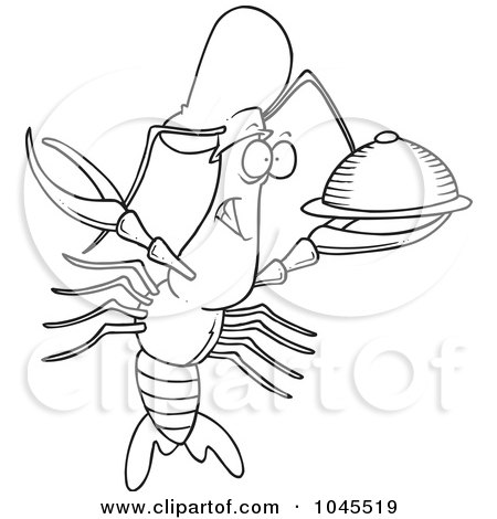 Royalty-Free (RF) Clip Art Illustration of a Cartoon Black And White Outline Design Of A Chef Crawdad Holding A Platter by toonaday