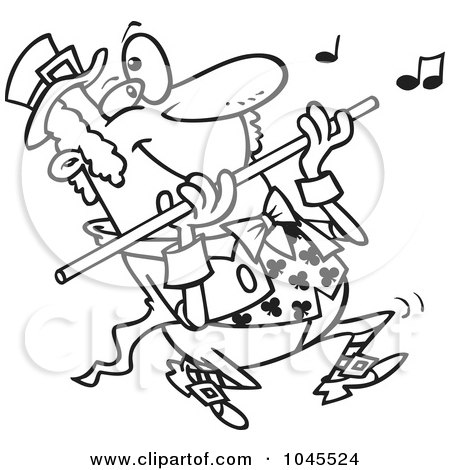 Royalty-Free (RF) Clip Art Illustration of a Cartoon Black And White Outline Design Of A St Patricks Day Leprechaun Playing A Flute by toonaday