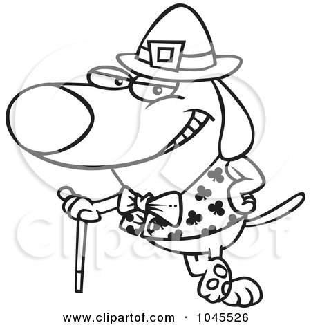 Royalty-Free (RF) Clip Art Illustration of a Cartoon Black And White Outline Design Of A St Patricks Day Dog Leaning On A Cane by toonaday