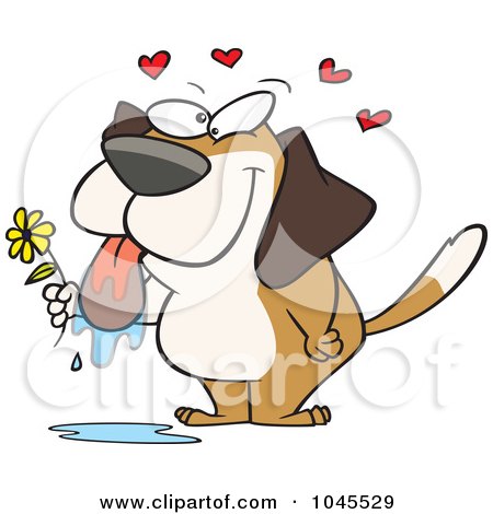 Royalty-Free (RF) Clip Art Illustration of a Cartoon Drooling Dog Holding A Flower by toonaday