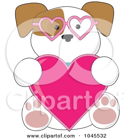 Royalty-Free (RF) Clip Art Illustration of a Puppy Wearing Heart Glasses And Holding A Heart by Maria Bell