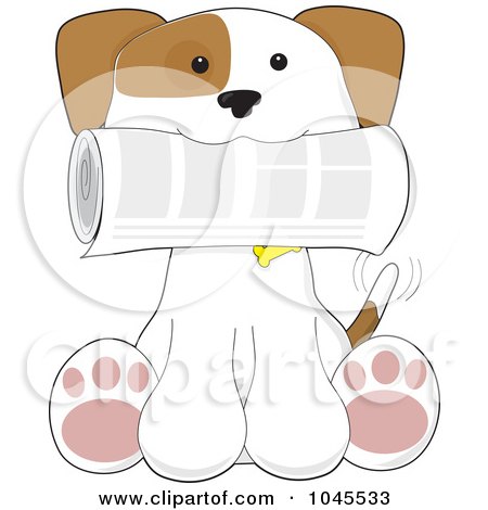 Royalty-Free (RF) Clip Art Illustration of a Puppy Sitting With A Newspaper And Wagging His Tail by Maria Bell