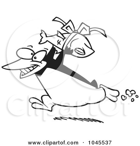 Royalty-Free (RF) Clip Art Illustration of a Cartoon Black And White Outline Design Of A Penguin Carrying A Fish Gift by toonaday