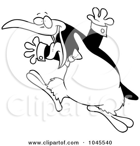 Royalty-Free (RF) Clip Art Illustration of a Cartoon Black And White Outline Design Of A Happy Penguin Wearing A Bow by toonaday