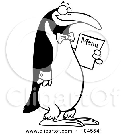 Royalty-Free (RF) Clip Art Illustration of a Cartoon Black And White Outline Design Of A Waiter Penguin Holding A Menu by toonaday