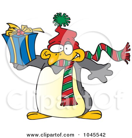 Royalty-Free (RF) Clip Art Illustration of a Cartoon Christmas Penguin Holding A Gift by toonaday
