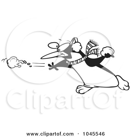 Royalty-Free (RF) Clip Art Illustration of a Cartoon Black And White Outline Design Of A Penguin Throwing A Snow Ball by toonaday