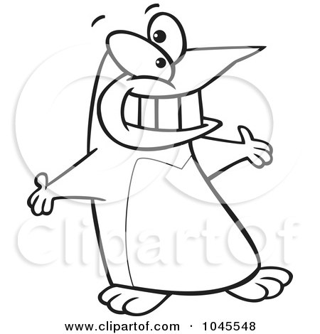 Royalty-Free (RF) Clip Art Illustration of a Cartoon Black And White Outline Design Of A Welcoming Penguin by toonaday